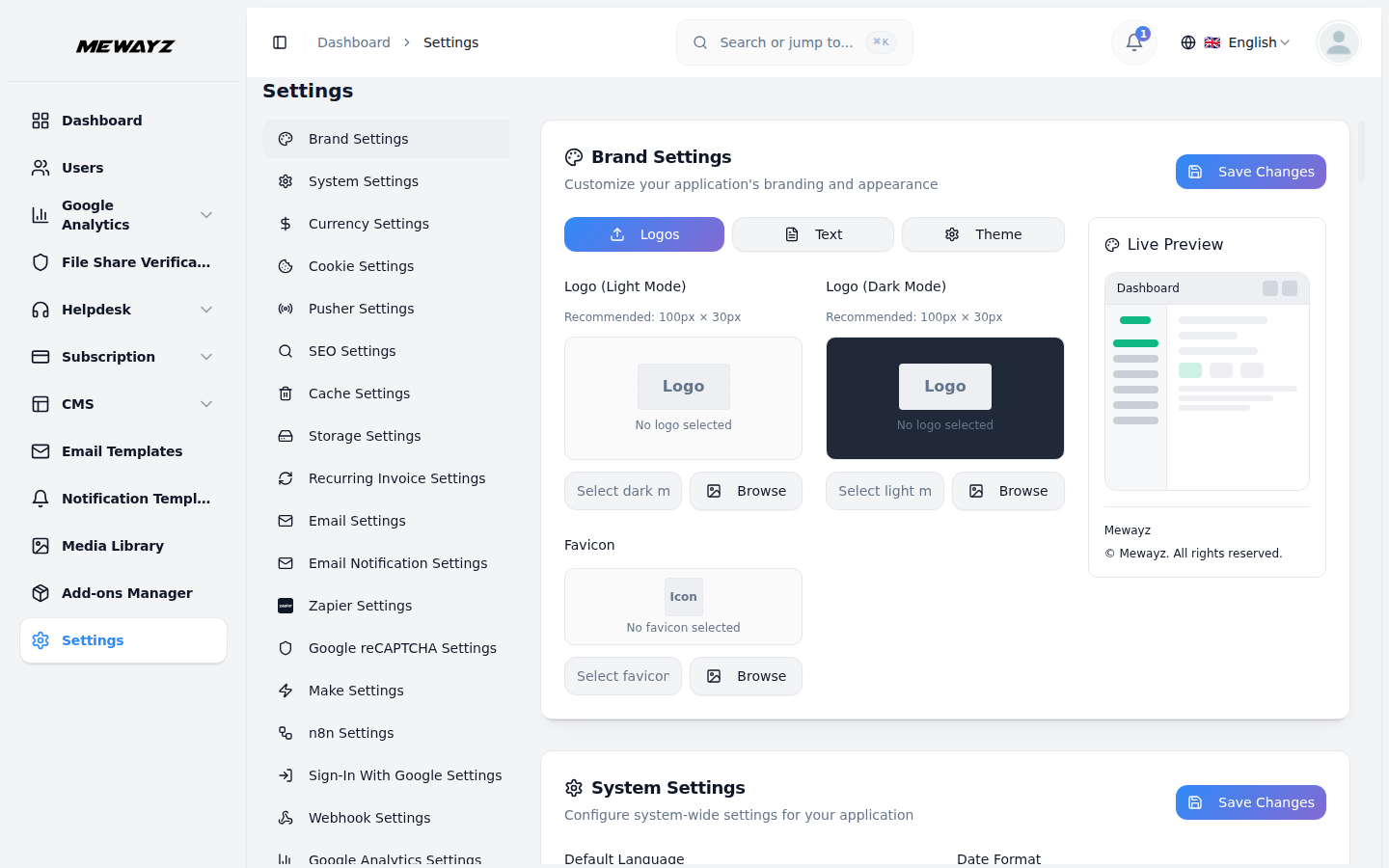 System Settings - Mewayz